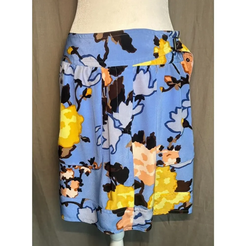 Missoni Italy Valentino Y2K Vintage Blue Floral Print Silk Mini Skirt Waist 30”
